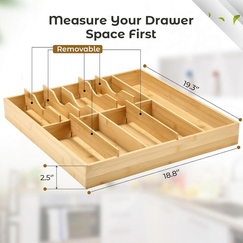Fabsome Silverware Organizer for Kitchen Drawers, 2.5'' Deep 18.8'' Wide Bamboo Wood Flatware Tray with Deep Slots for Large Cutlery Utensil Drawer - Image 2